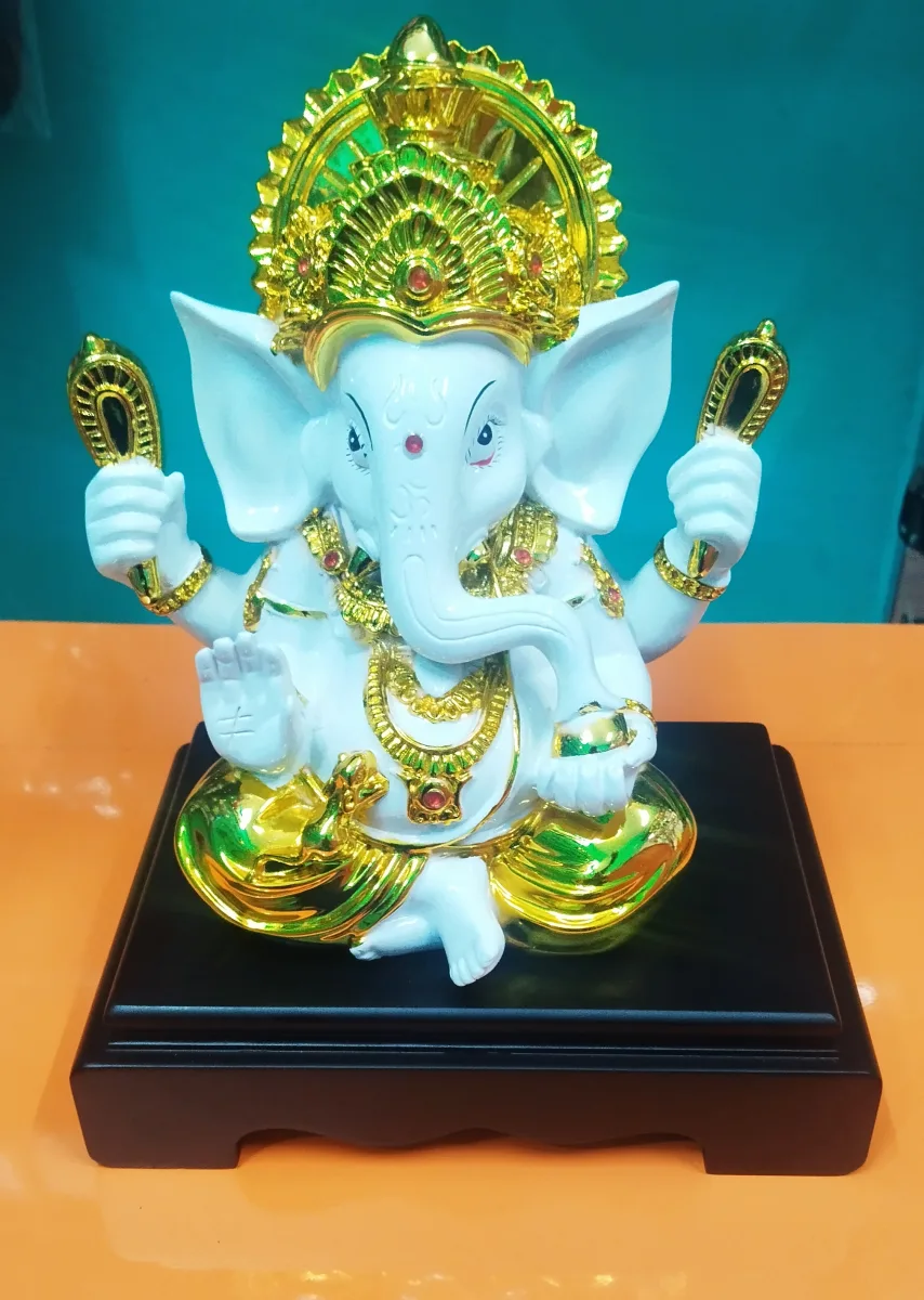 Glossy Golden & White Lord Ganesha Idol