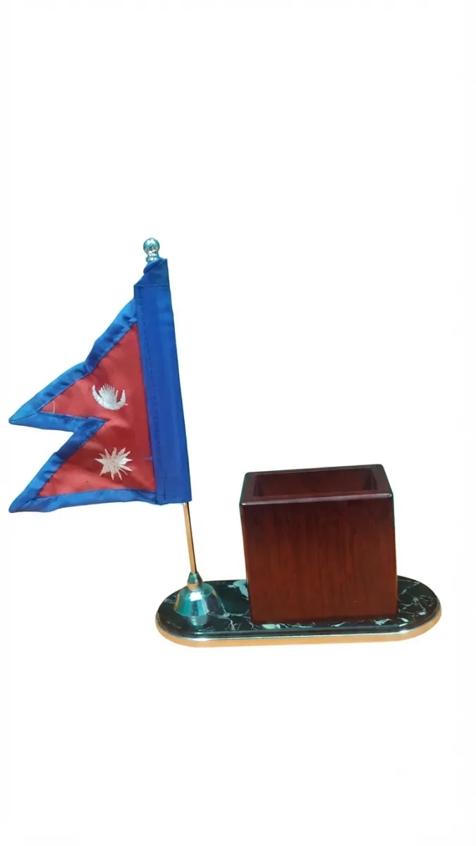 Nepali Flag with Wooden Pen Stand & Desk Organizer