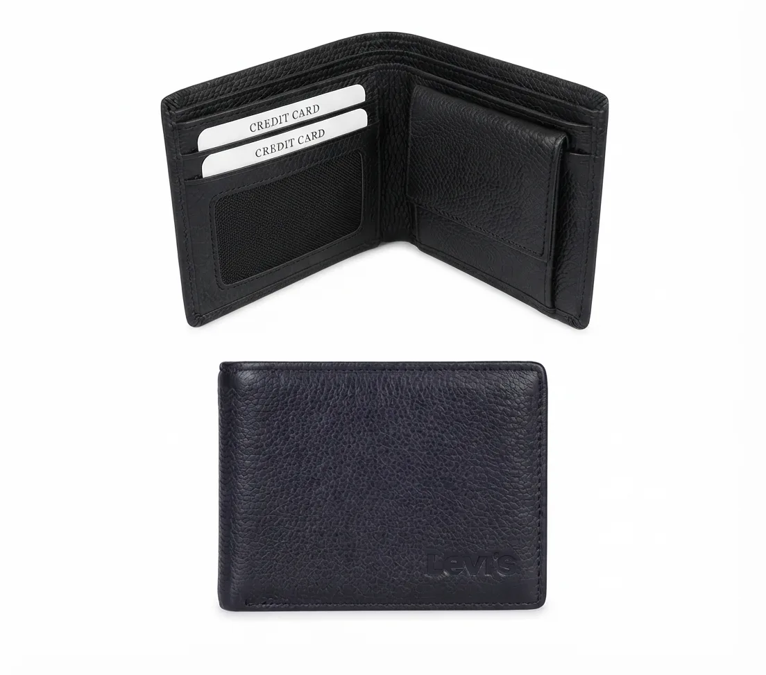 Men's Black Genuine Levi's Leather Wallet with Card Slots and Coin Pocket