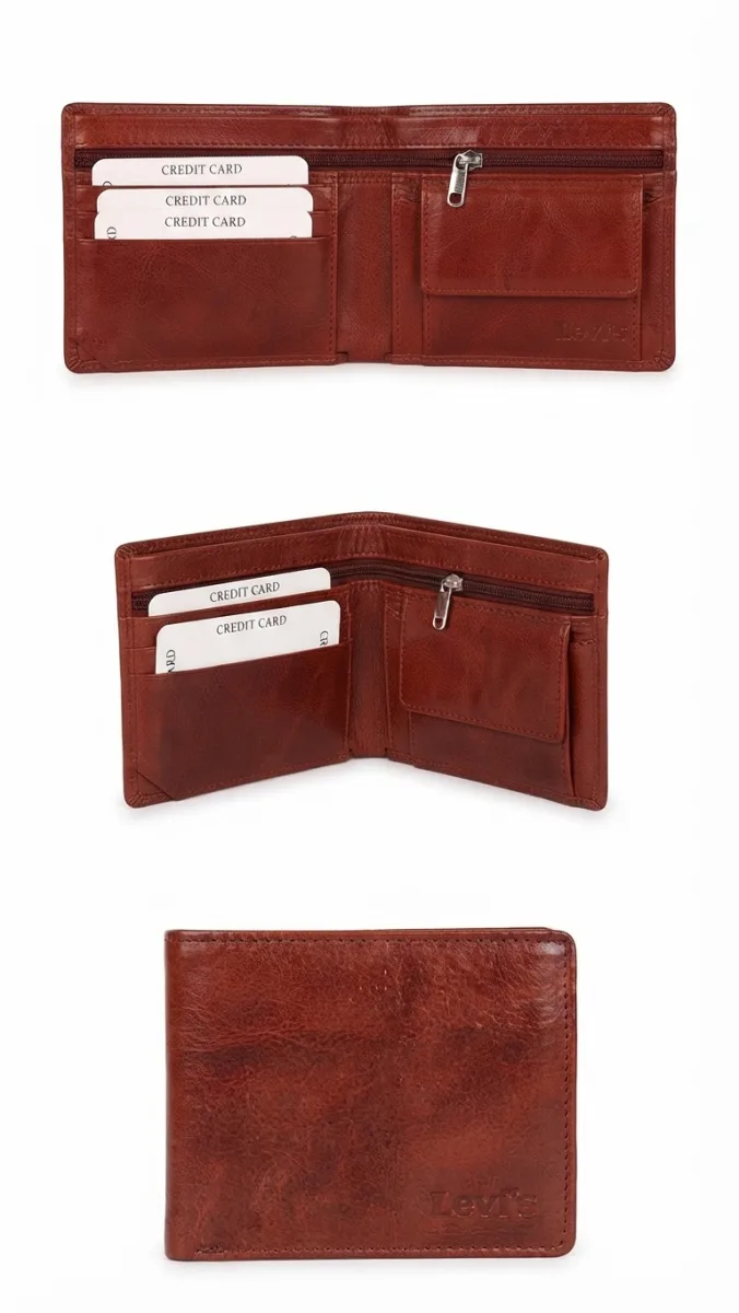 Men's Tan Brown Levi's Genuine Leather Bi-fold Wallet with Card Slots and Zip Pocket