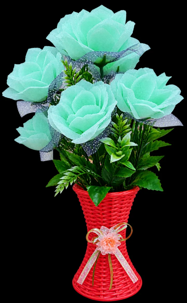 Artificial Rose Flowers Bouquet with Woven Vase