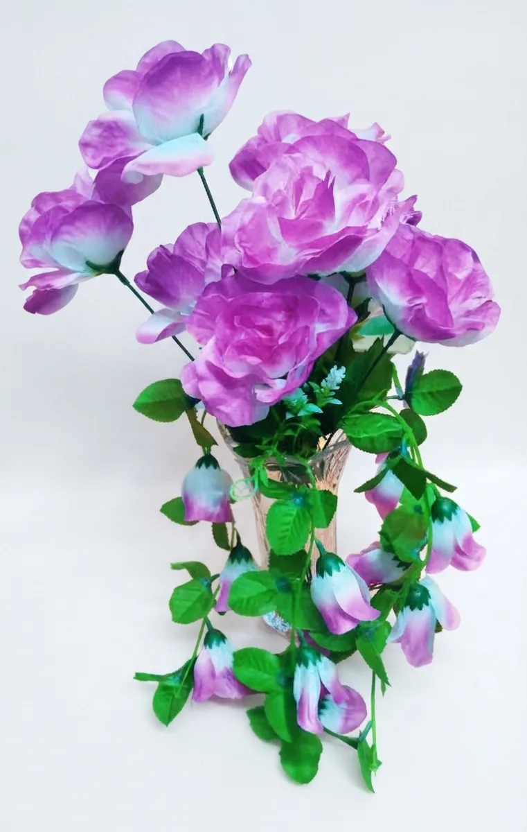Artificial Purple and White Rose Flower in a Designer Transparent Glass Vase