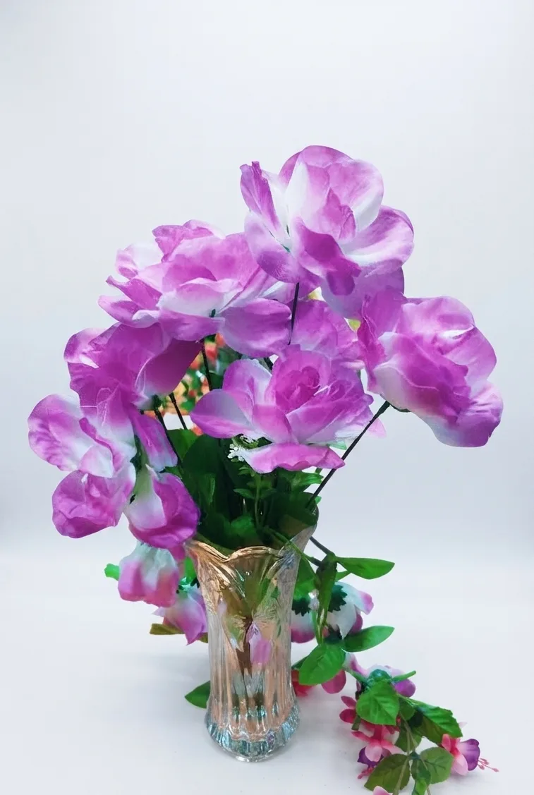 Artificial Purple and White Rose Flower in a Designer Transparent Glass Vase