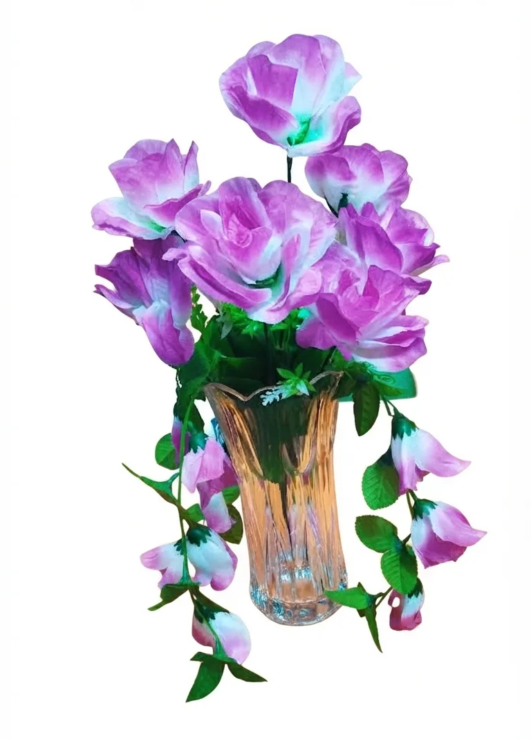 Artificial Purple and White Rose Arrangement in a Textured Glass Vase