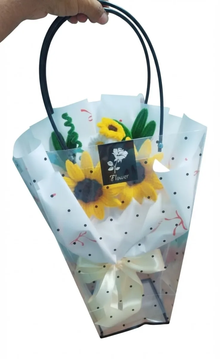 Handmade Fuzzy Wire Double Sunflower Bouquet in Transparent Gift Bag