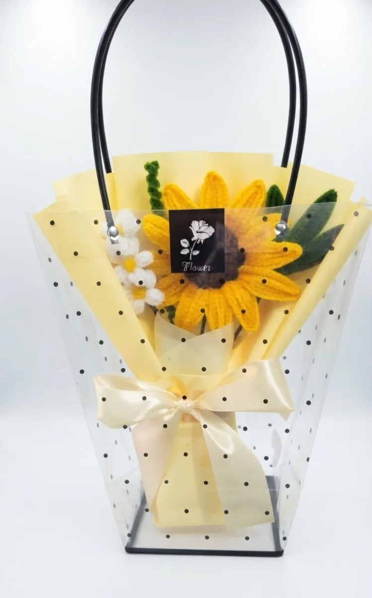Handmade Fuzzy Wire Single Sunflower Bouquet in Transparent Gift Bag