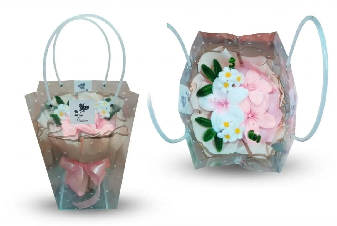 Handmade Fuzzy Wire Triple Lily Bouquet in Transparent Gift Bag