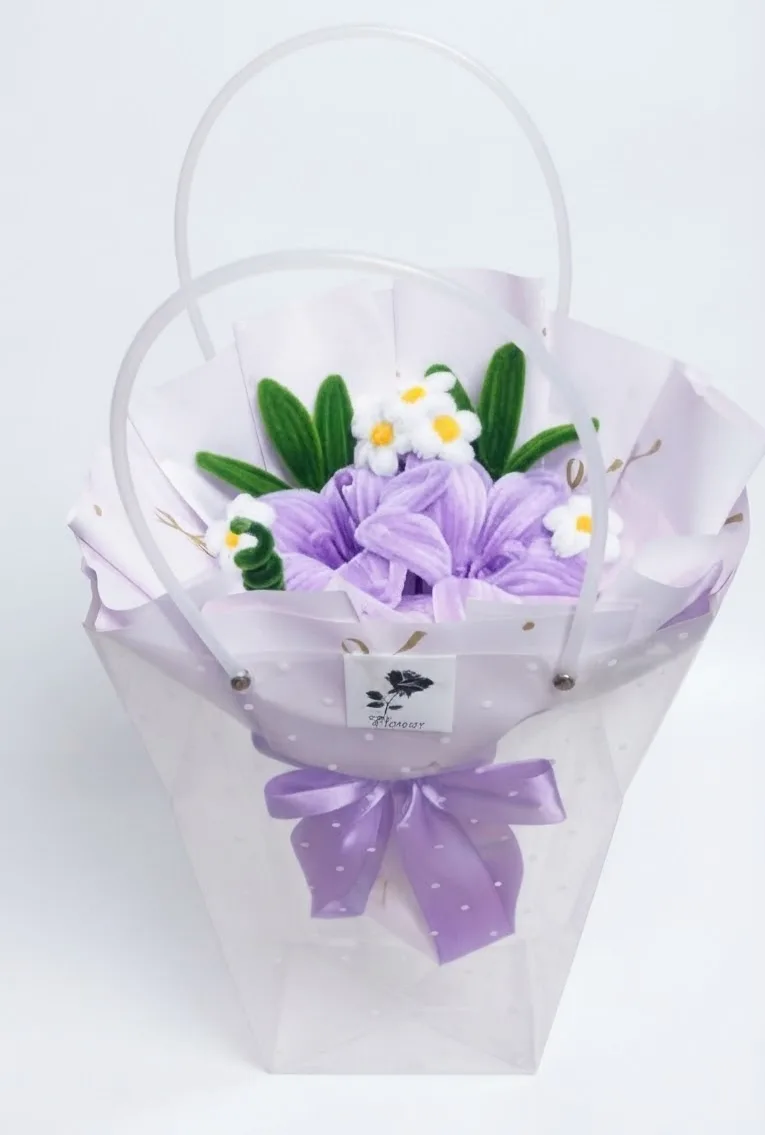 Handmade Fuzzy Wire Double Lily Bouquet with Transparent Bag