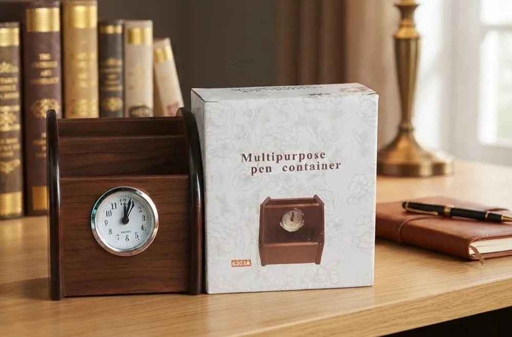 Multipurpose Wooden Pen Container with Desk Clock
