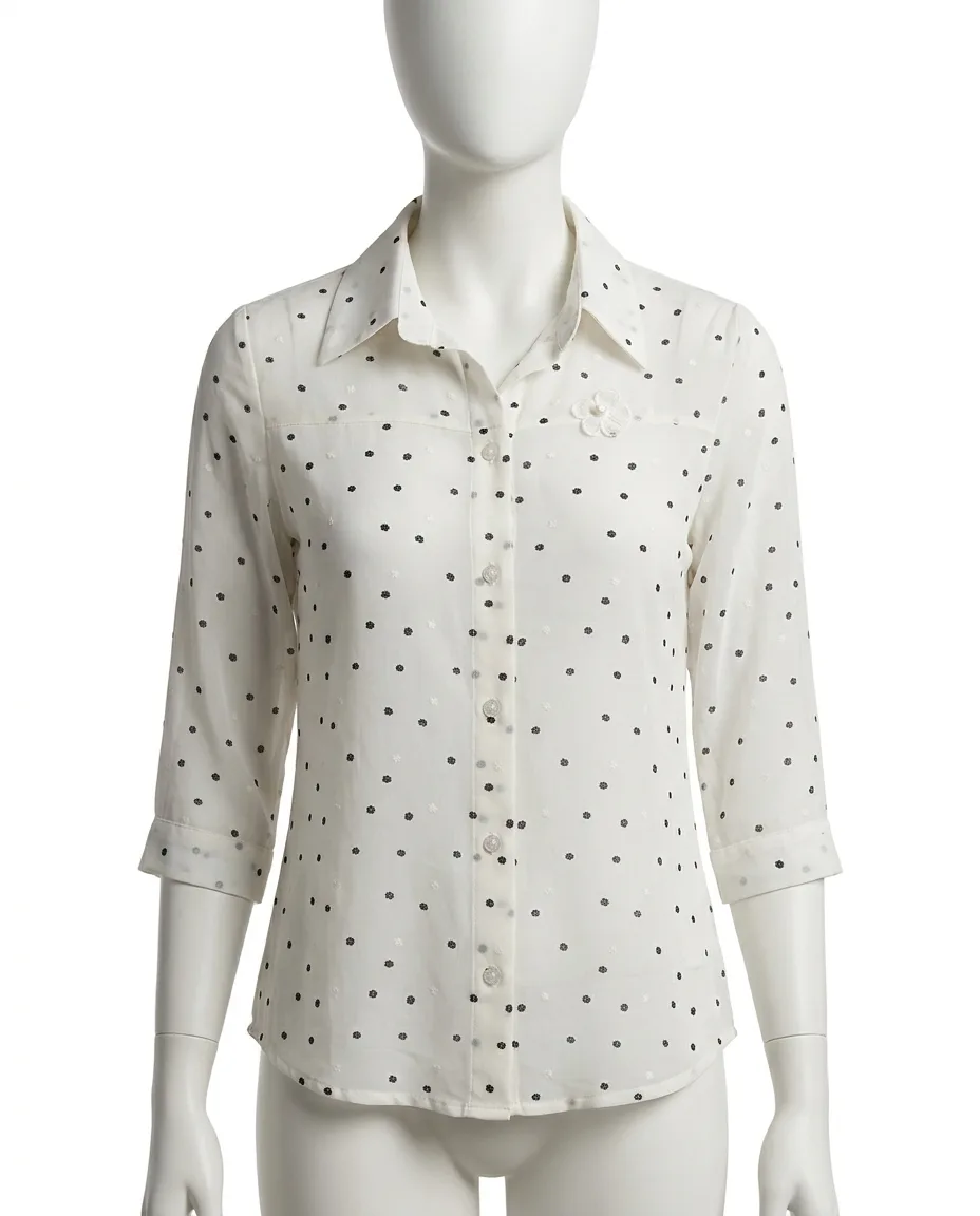 women's white button-down shirt with black polka dots