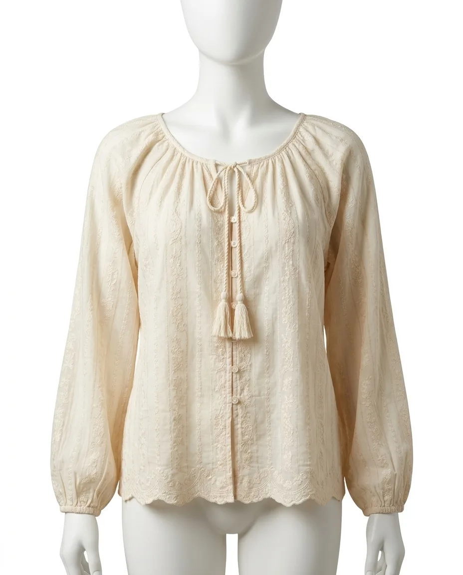 Bohemian Cream Embroidered Peasant Blouse  Long-Sleeve Boho Tie-Front Top