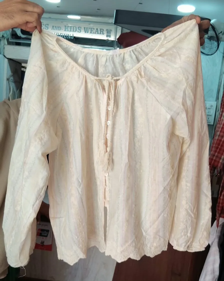 Bohemian Cream Embroidered Peasant Blouse  Long-Sleeve Boho Tie-Front Top