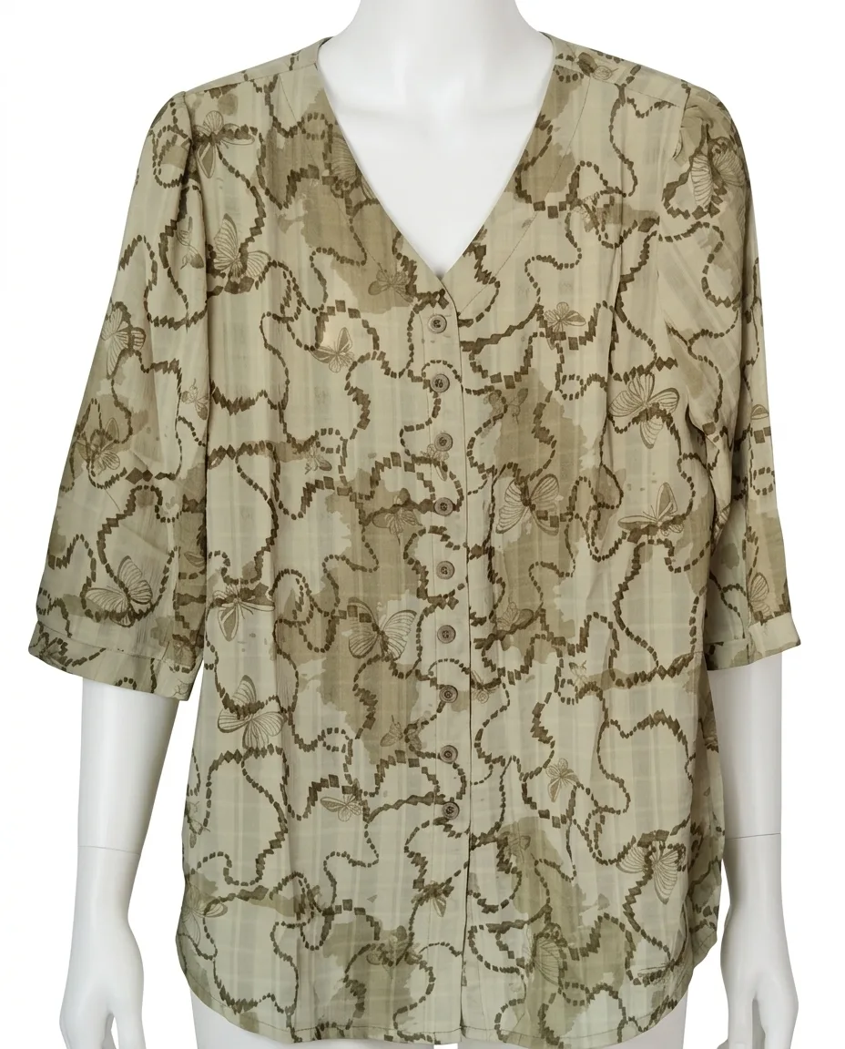 Women's Abstract Print V-Neck 34-Sleeve Button-Down Blouse