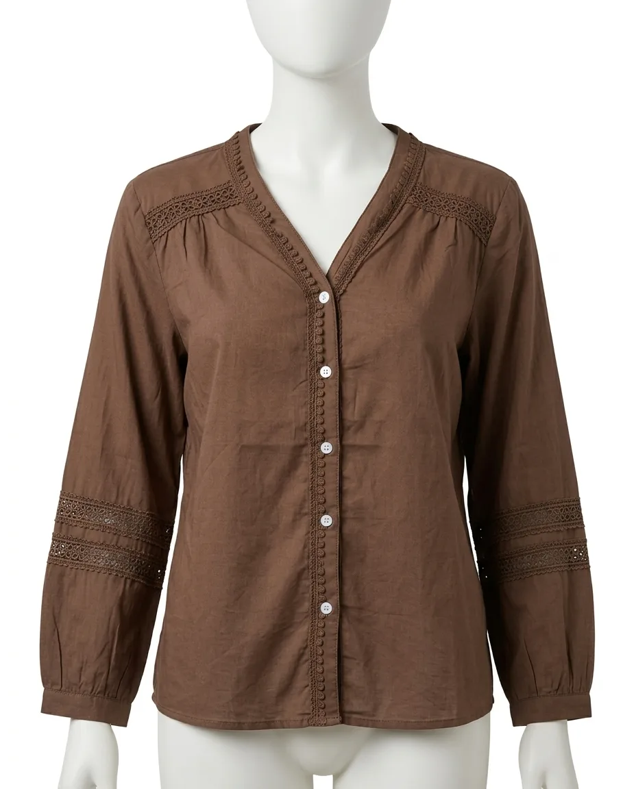 Bohemian Brown Crochet-Trim Button-Down Blouse  Long-Sleeve Boho Peasant Top