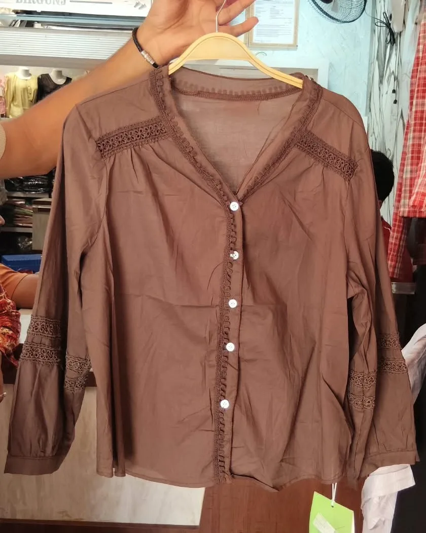 Bohemian Brown Crochet-Trim Button-Down Blouse  Long-Sleeve Boho Peasant Top