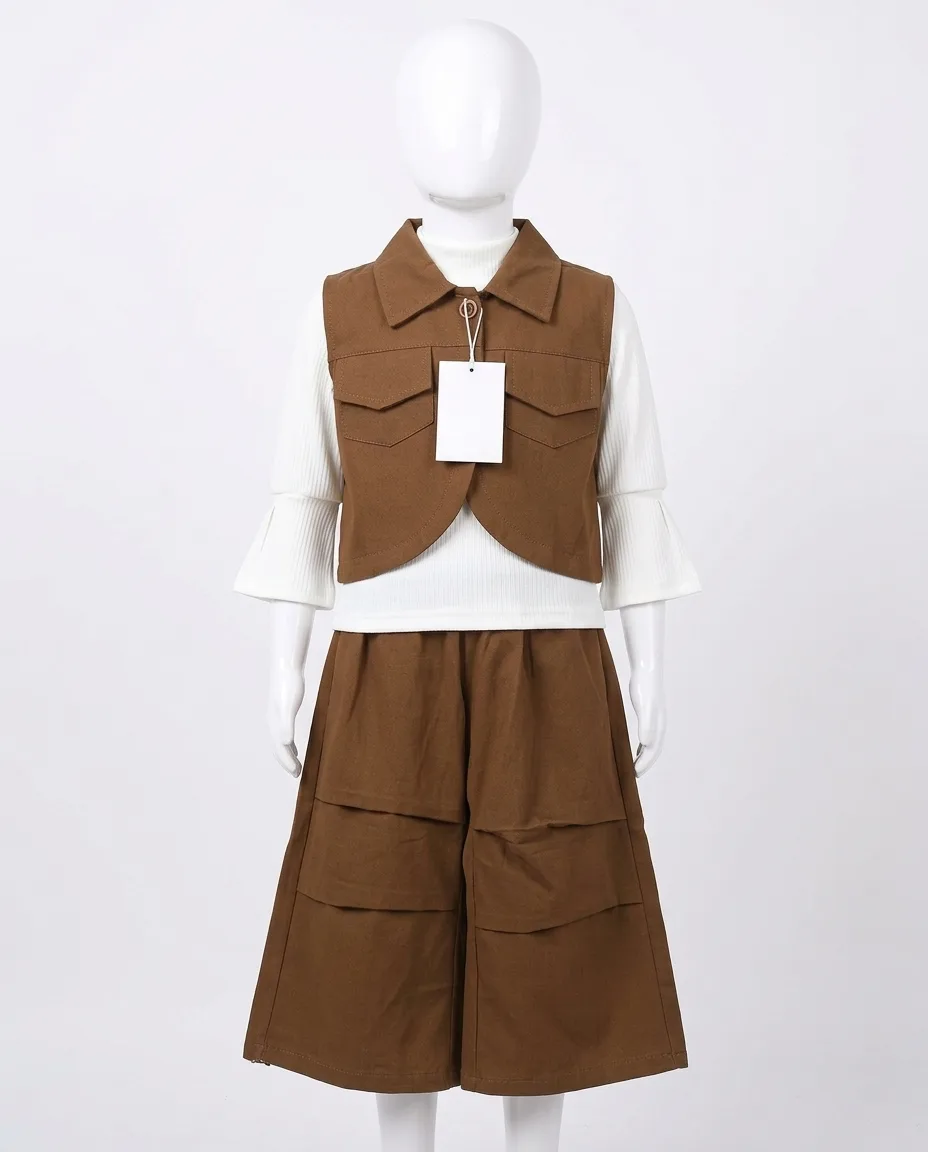 Korean-Style 3-Piece Girls' Utility Vest & Bottoms Coordinates Set