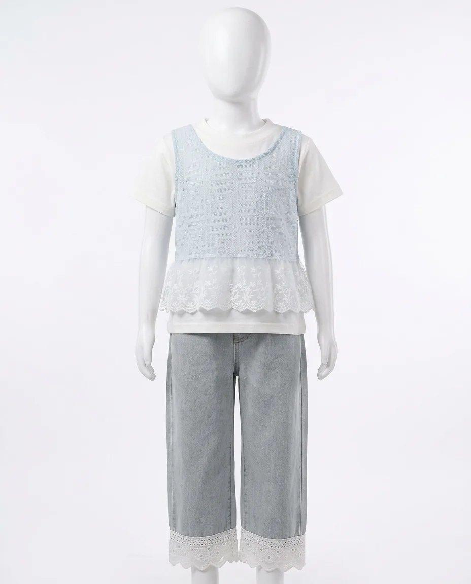 Girls' Layered Lace Peplum & Wide-Leg Denim Co-Ord Set