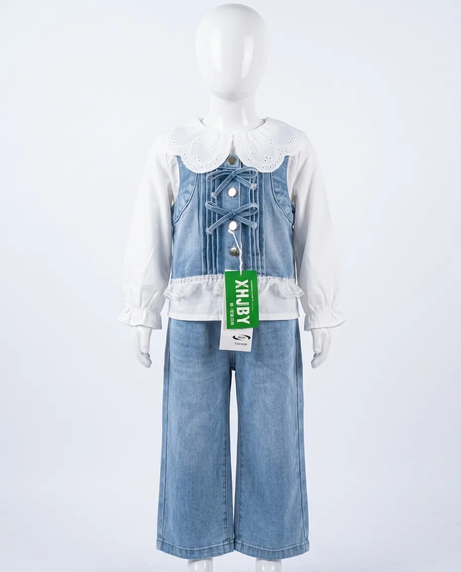 Girls' 3-Piece Lace Peter Pan Collar & Corset Denim Set
