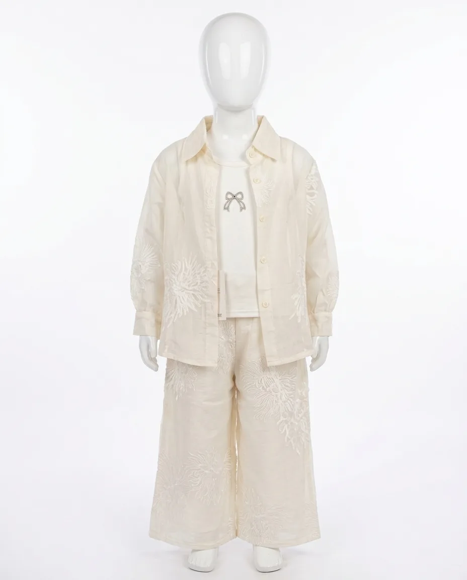 Girls' Elegant Ivory Floral Embroidered 3-Piece Co-Ord Set