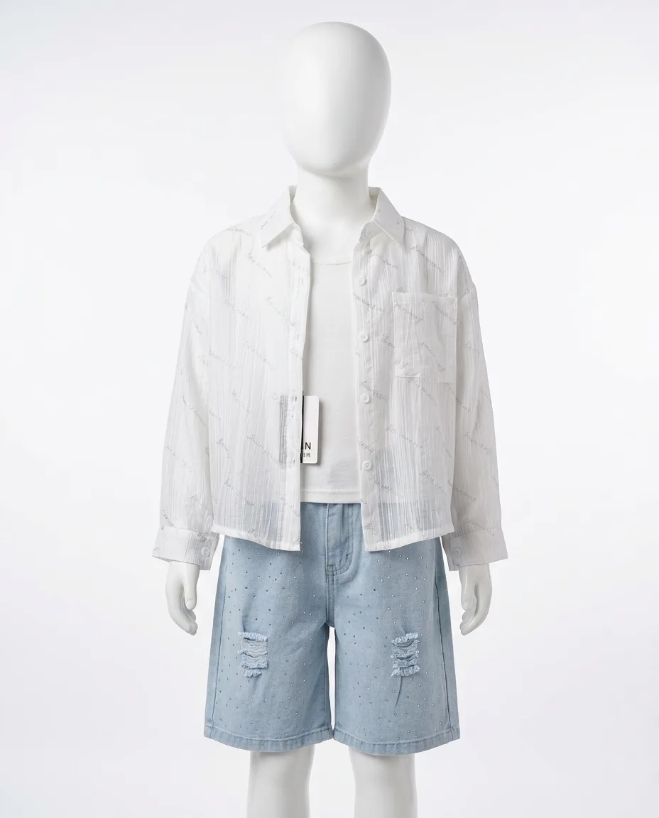 Younggirl's Chic 3-Piece Summer Sun-Protection Shirt & Shorts Set
