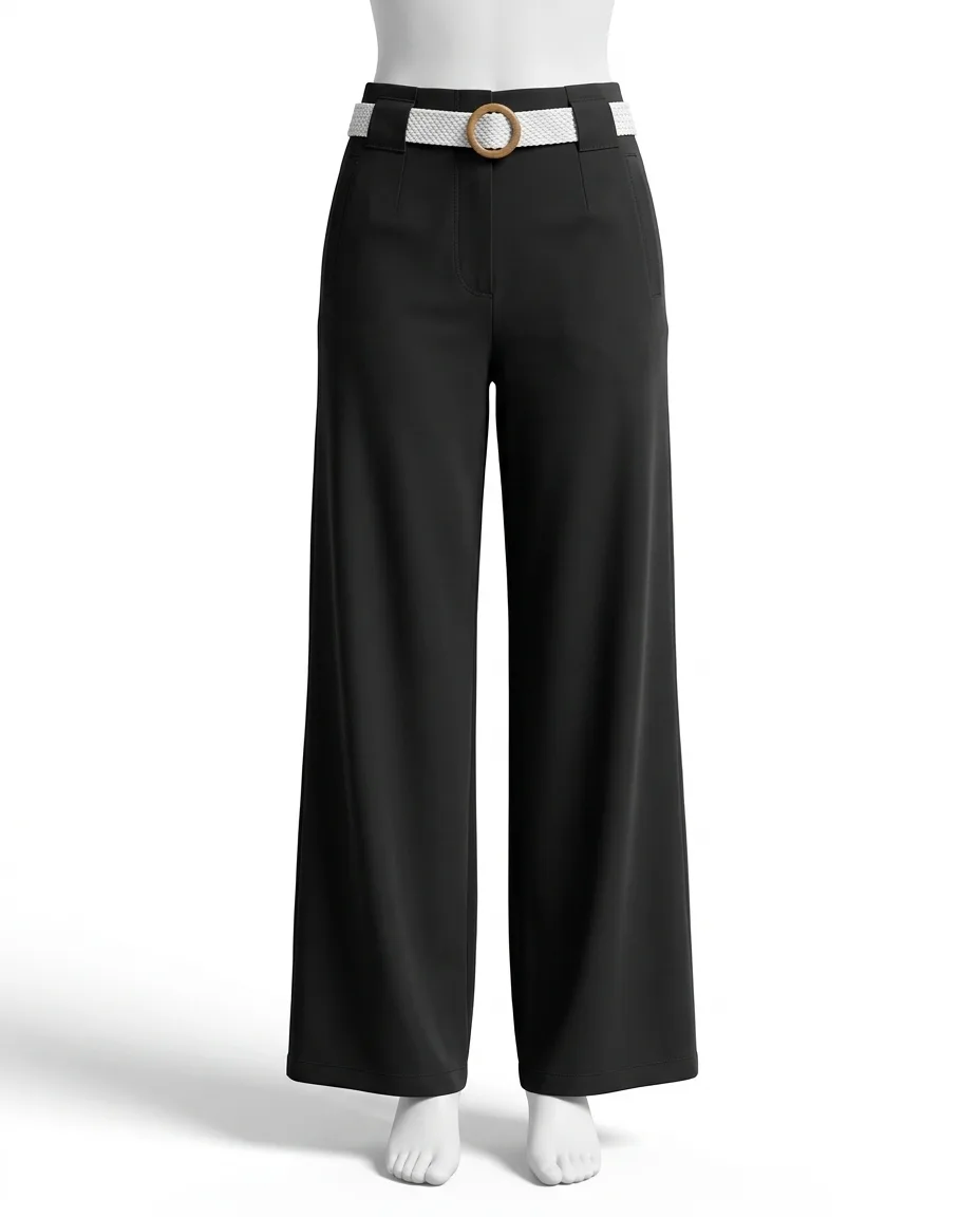 Women's High-Waisted Black Wide-Leg Belted Trousers
