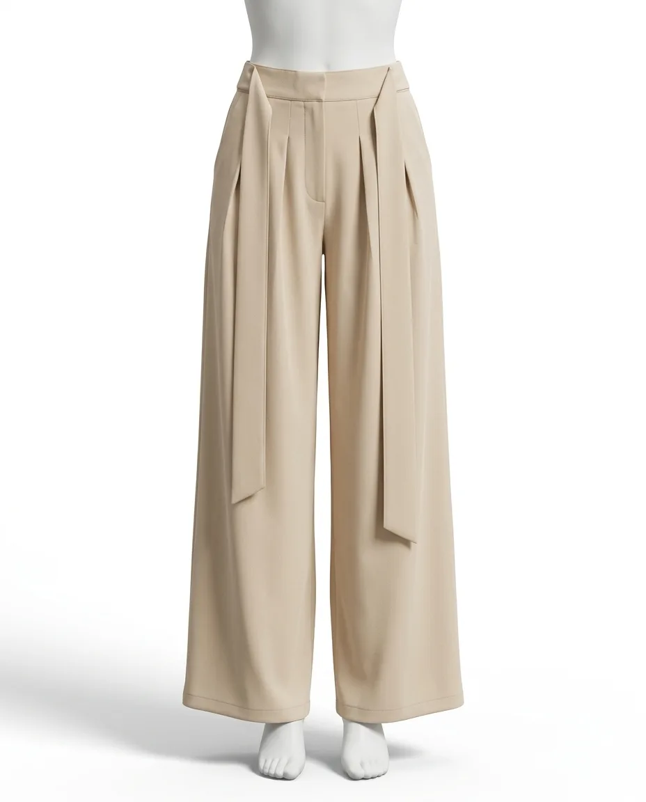 Women's High-Waisted Pleated Wide-Leg Trousers in Beige