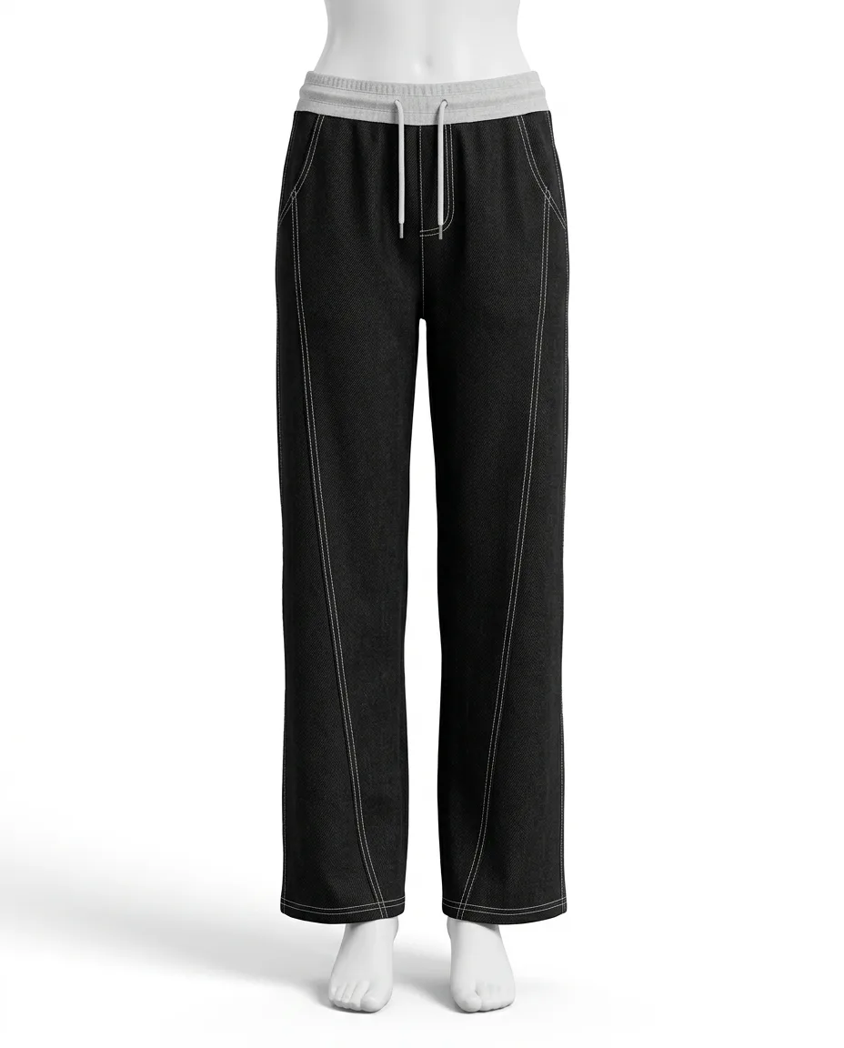 Women's Contrast-Stitch Wide-Leg Drawstring Lounge Pants