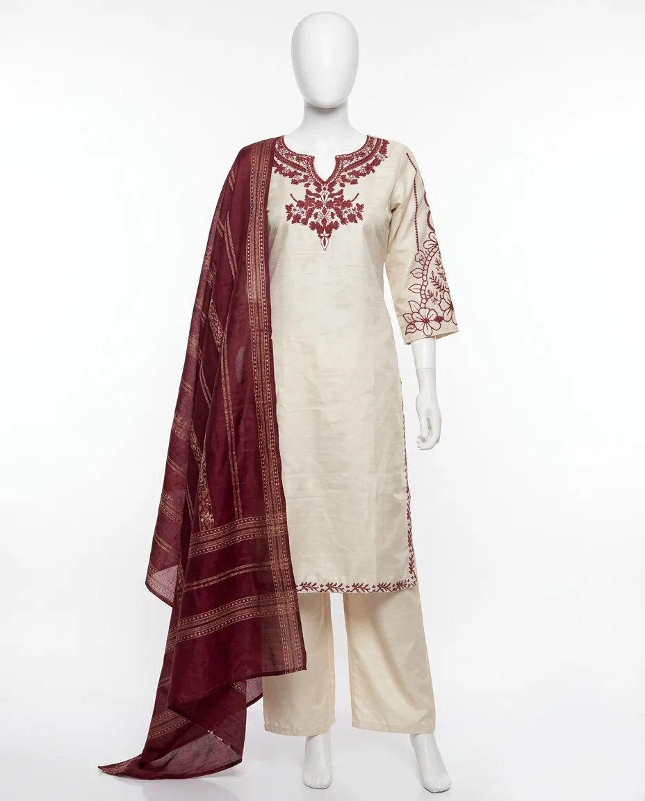 Ivory & Maroon Embroidered 3-Piece Kurta Palazzo Suit Set