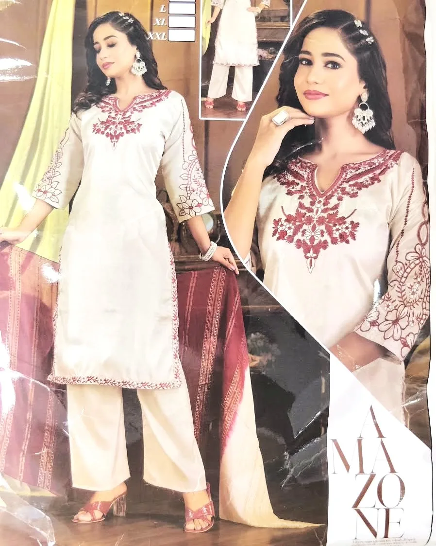 Ivory & Maroon Embroidered 3-Piece Kurta Palazzo Suit Set