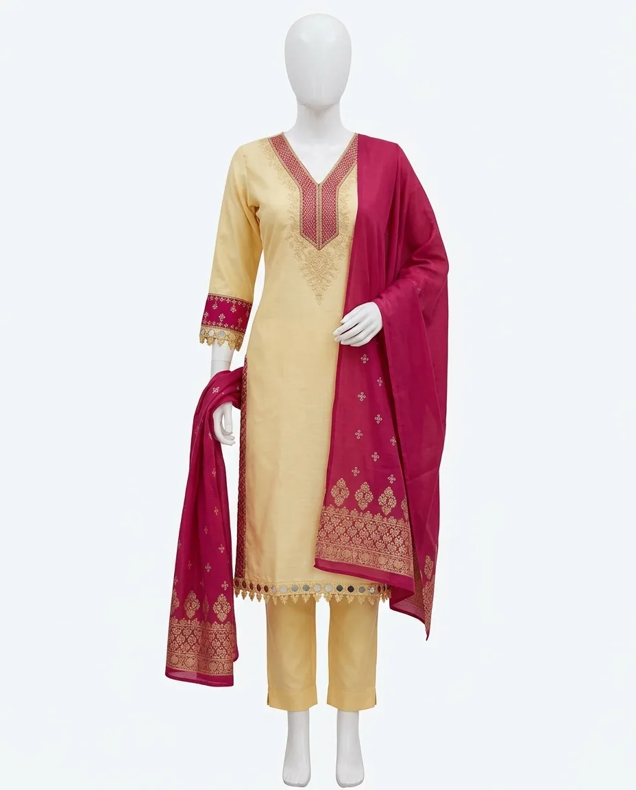 Cream & Magenta Embroidered 3-Piece Kurti Pant Set