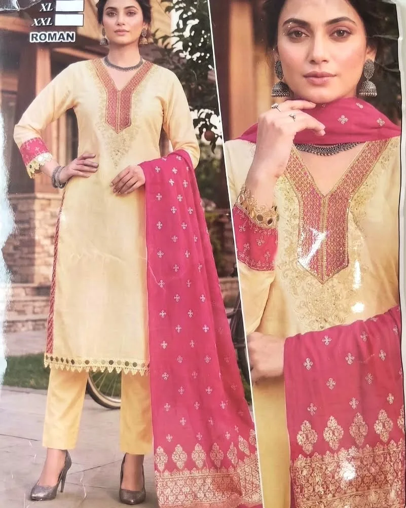 Cream & Magenta Embroidered 3-Piece Kurti Pant Set