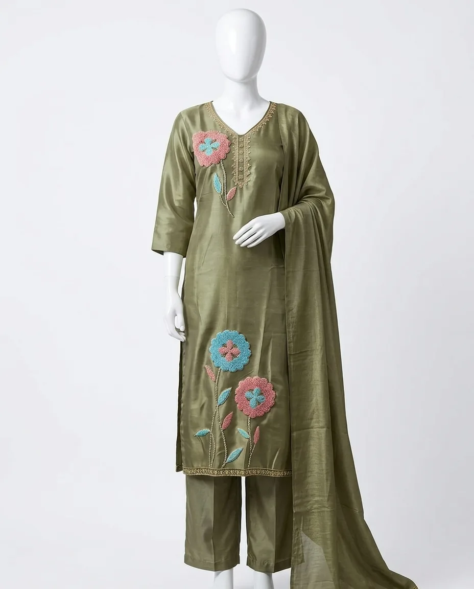Olive Green Floral Applique Pakistani Salwar Kameez Suit Set