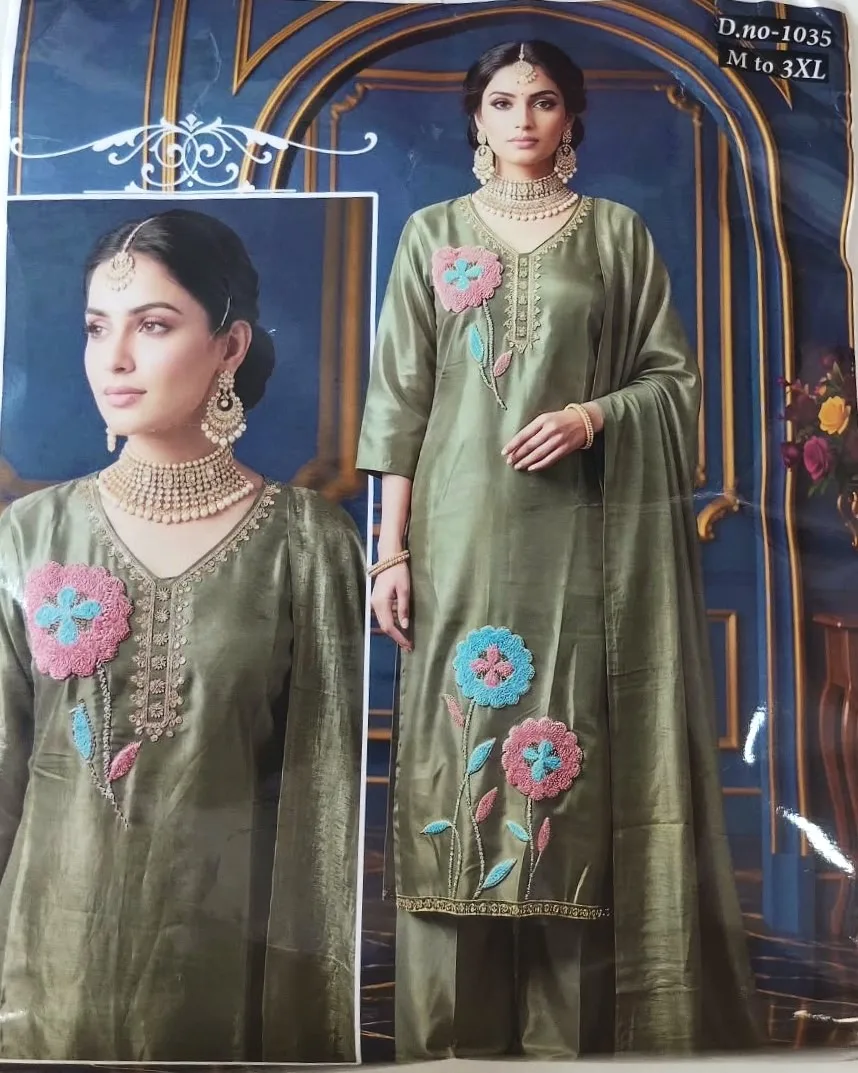 Olive Green Floral Applique Pakistani Salwar Kameez Suit Set