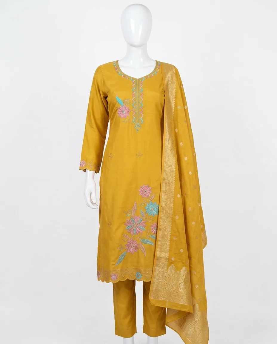 Mustard Yellow Floral Embroidered 3-Piece Salwar Kameez Suit Set