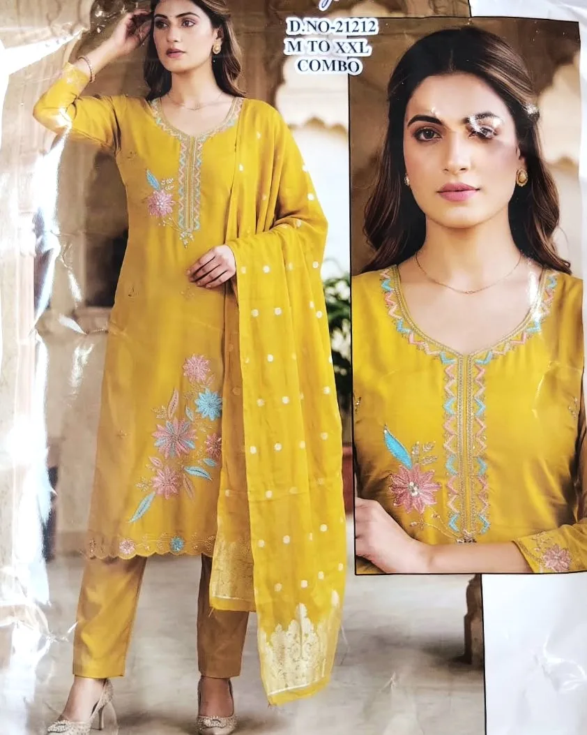 Mustard Yellow Floral Embroidered 3-Piece Salwar Kameez Suit Set