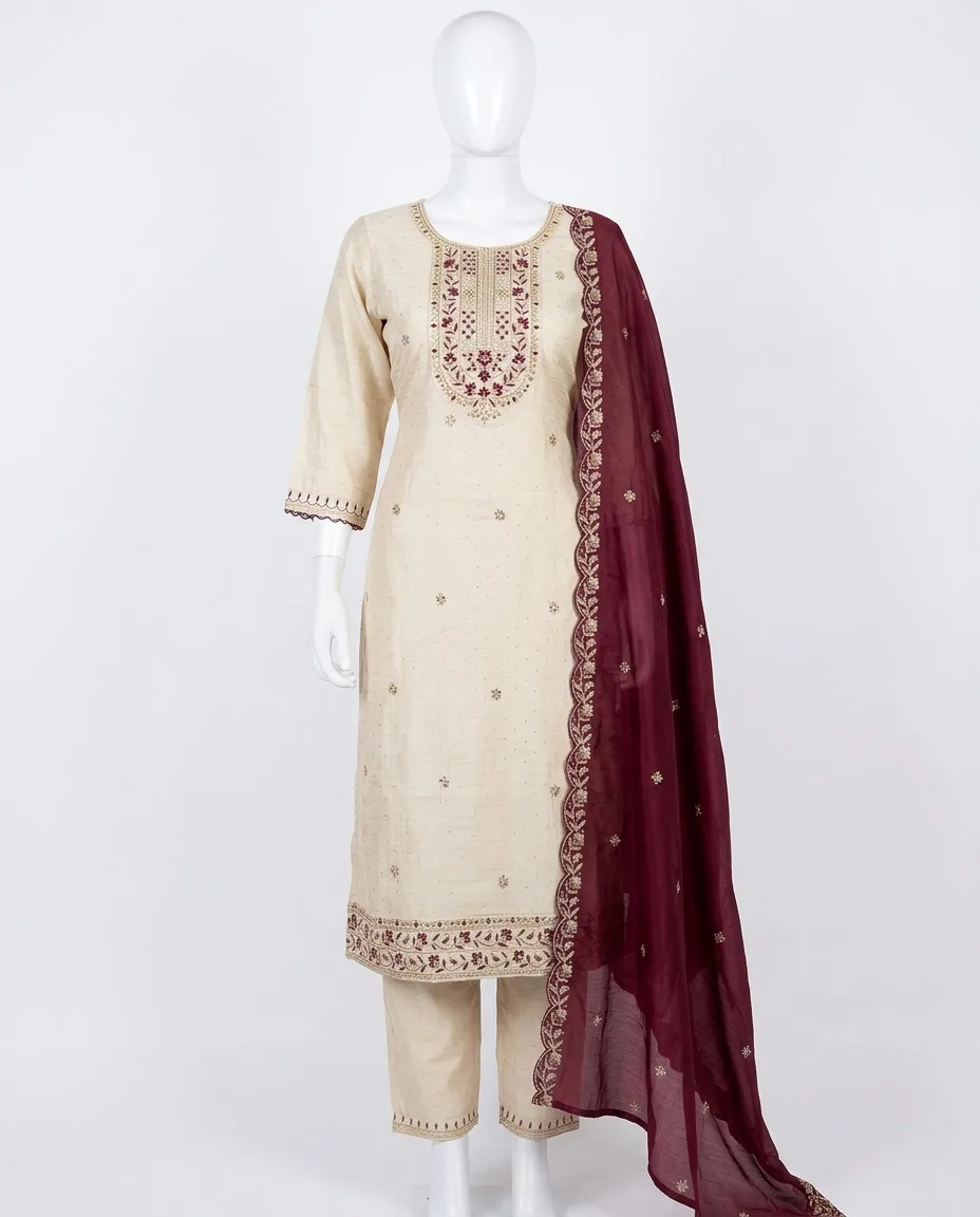 Ivory & Maroon Embroidered 3-Piece Salwar Suit Set