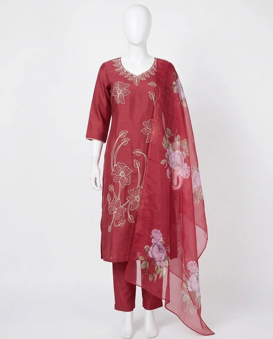 Burgundy Floral Embroidered 3-Piece Salwar Kameez Suit Set