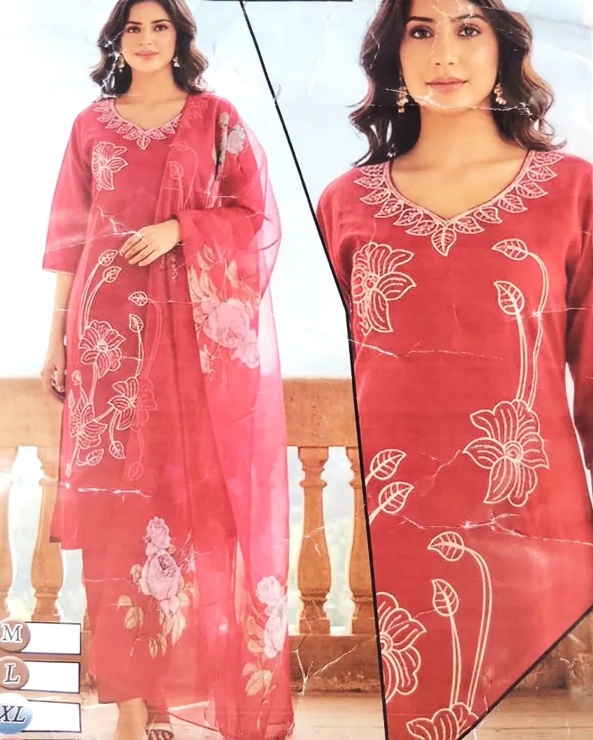 Burgundy Floral Embroidered 3-Piece Salwar Kameez Suit Set