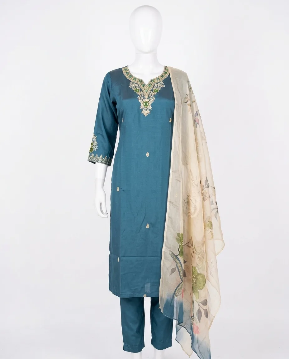 Teal Blue Embroidered 3-Piece Salwar Kameez Suit Set
