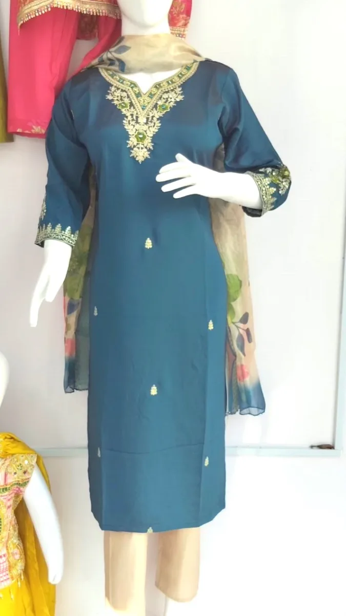 Teal Blue Embroidered 3-Piece Salwar Kameez Suit Set