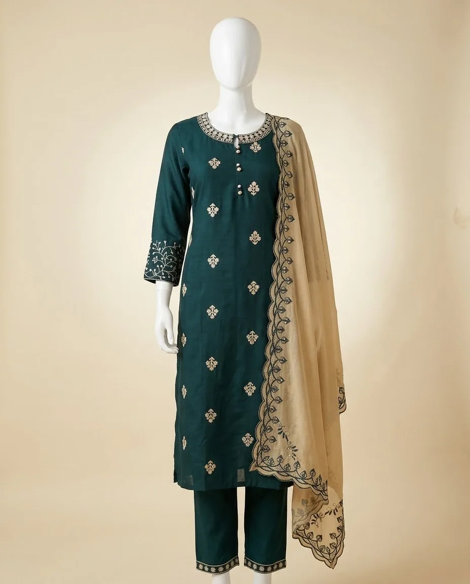 Elegant Bottle Green 3-Piece Ethnic Salwar Suit & Kurta Pant Set