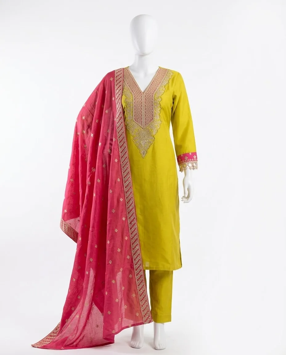 Vibrant Lime Yellow Embroidered 3-Piece Salwar Kameez & Kurta Pant Set
