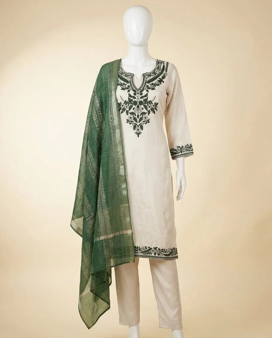 Elegant Ivory & Green Embroidered 3-Piece Kurta Pant Set with Dupatta