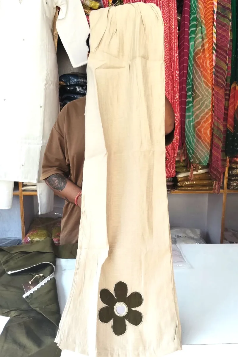 Olive Green & Cream Floral Applique Kurta and Trouser Set