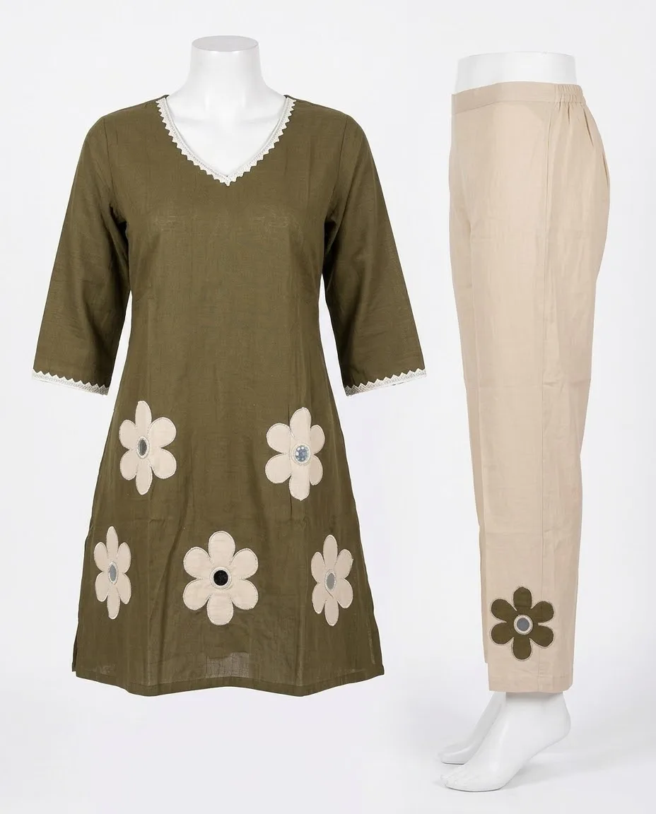 Olive Green & Cream Floral Applique Kurta and Trouser Set