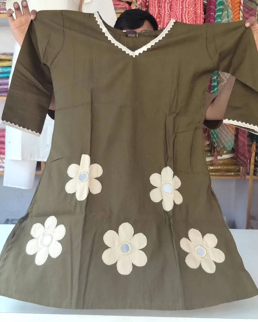 Olive Green & Cream Floral Applique Kurta and Trouser Set