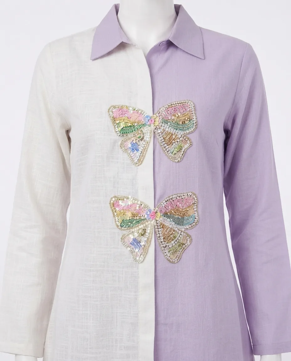 Chic Split-Tone Butterfly Embroidered Linen-Cotton Co-Ord Set