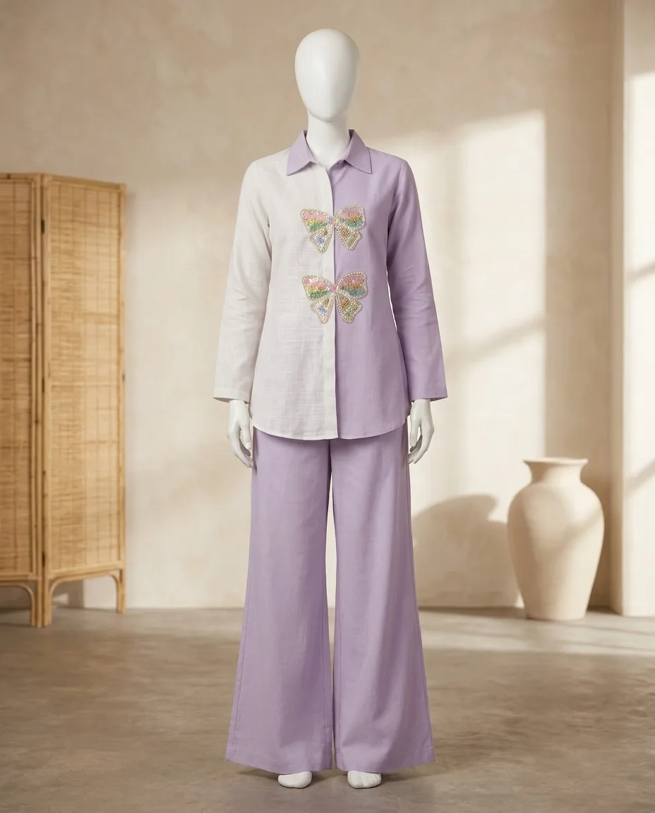 Chic Split-Tone Butterfly Embroidered Linen-Cotton Co-Ord Set