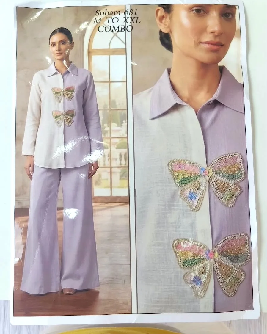Chic Split-Tone Butterfly Embroidered Linen-Cotton Co-Ord Set
