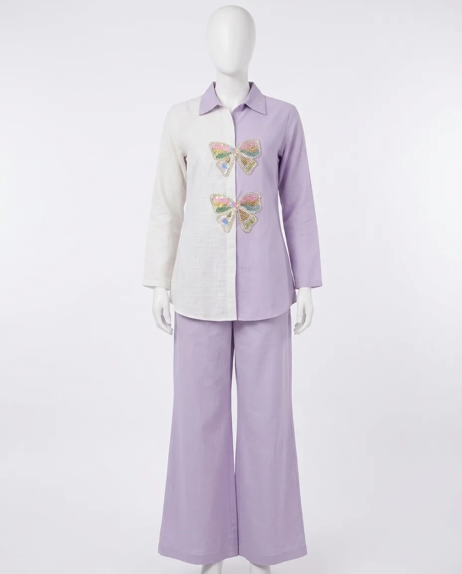 Chic Split-Tone Butterfly Embroidered Linen-Cotton Co-Ord Set